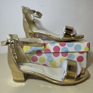 Cutedog Girls Gold Princess Shoes Size 2 Block Heel Ankle Buckle Strap and Charm